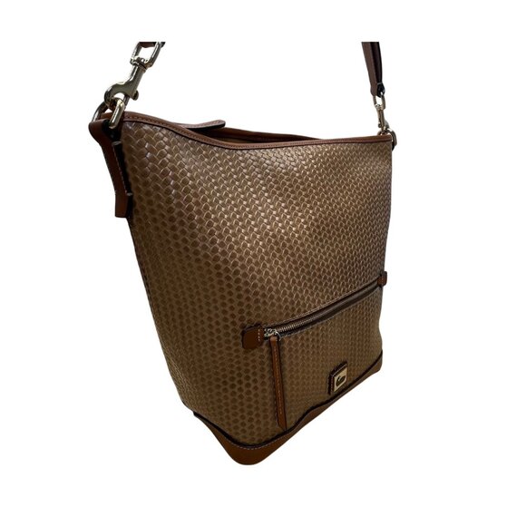 Dooney & Bourke Womens Tan Leather Hobo Bag Woven Pattern & Front Zip Pocket - Picture 5 of 9